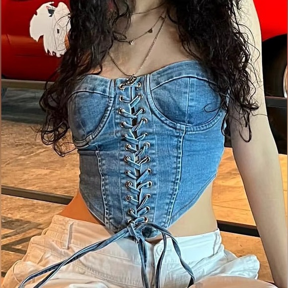 Fashion Nova Tops - Fashion Nova Blue Lace-Up Denim Crop Top